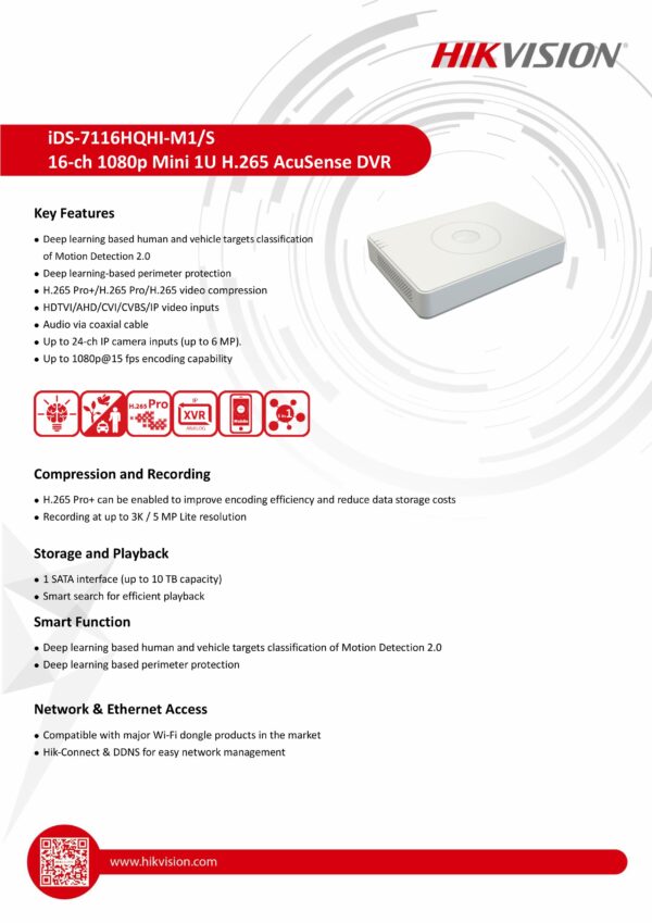 Hikvision 16-ch 1080p Mini 1U H.265 AcuSense DVR iDS-7116HQHI-M1/S - Image 2